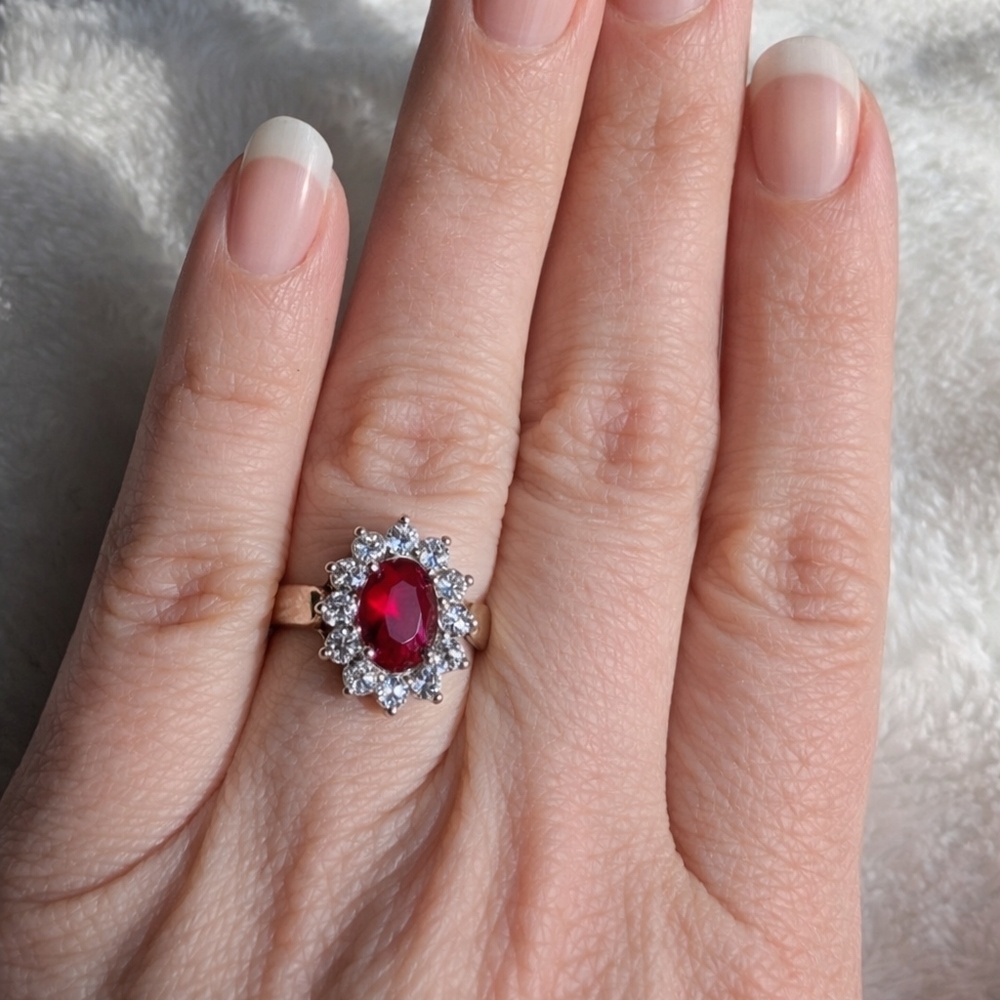 Statement Red Oval Halo Ring | Diamond Look Cluster | Silver Tone | Size 5.75 |